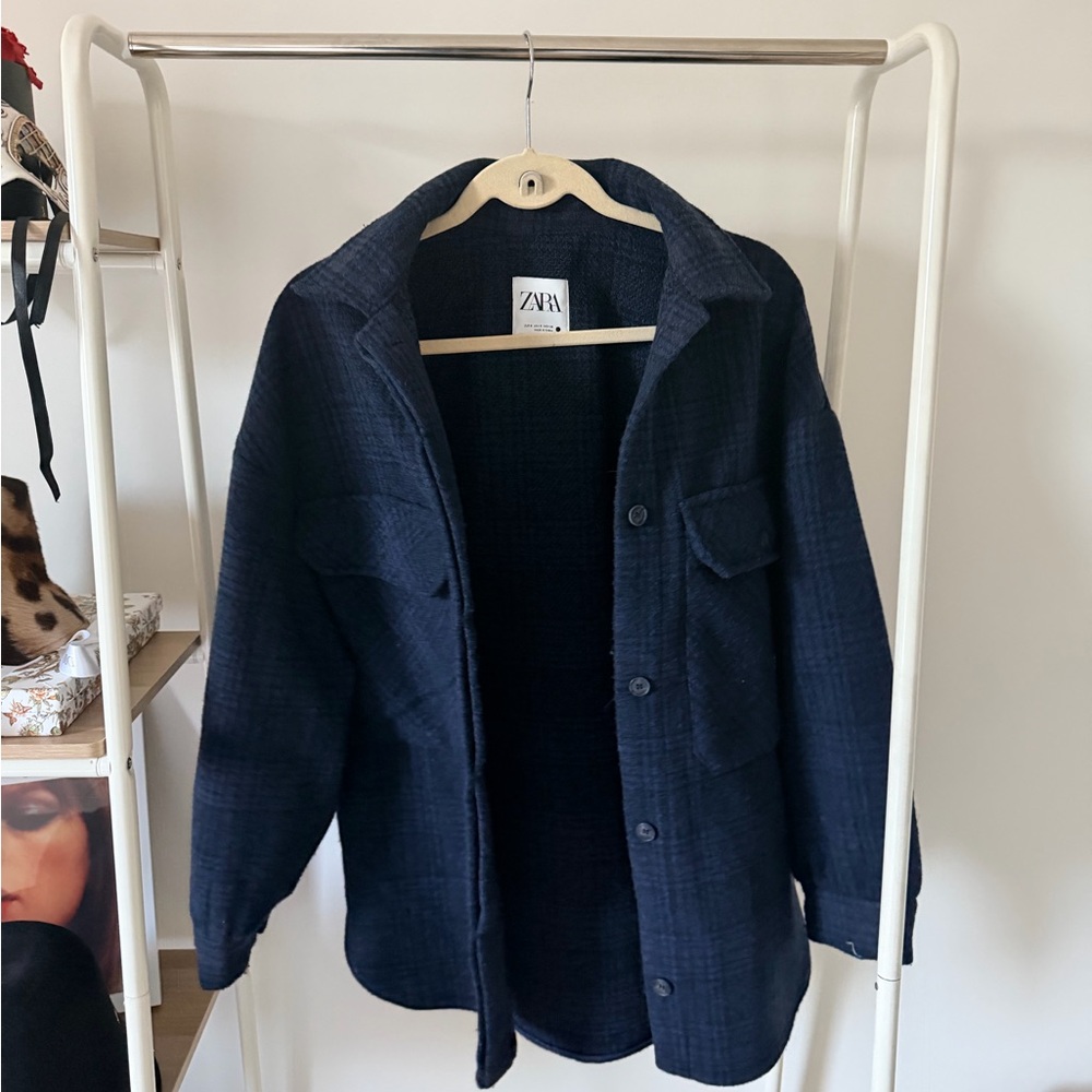 NWOT Zara Blue and Black Checkered Shirt Jacket